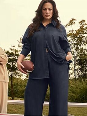 Ashley Graham Dark Navy Pinstripe Long-Sleeve Button Down Shirt 1X
